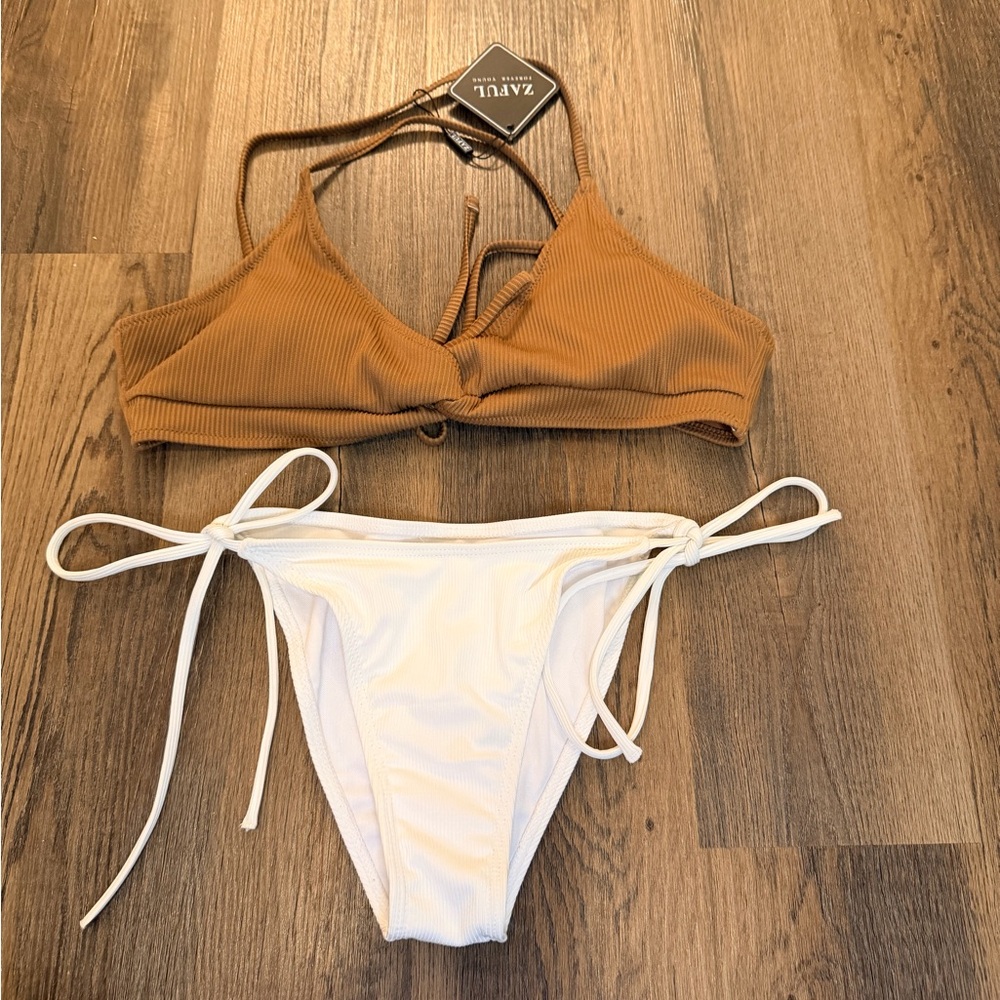 Zaful Ribbed Caramel Bikini Top with White Tie-Side Bottoms